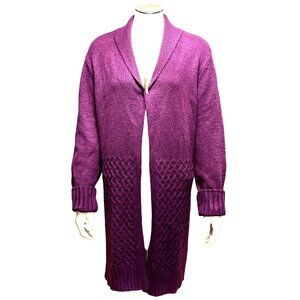 Chicos Long Open Front Cardigan Purple Knit Duster Sweater Cable Knit Detail